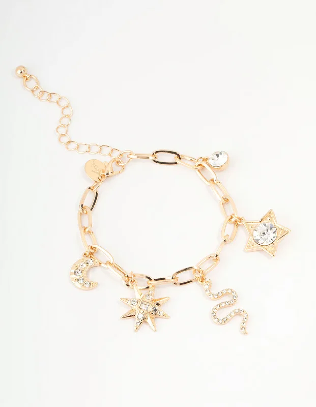 ladies vintage gold bangles-Gold Snake & Star Charm Bracelet