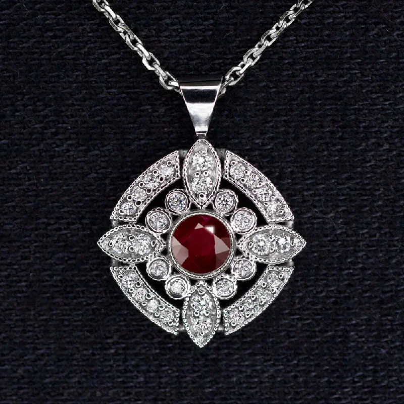 ladies zodiac necklaces-RUBY DIAMOND PENDANT ART DECO VINTAGE STYLE 14k WHITE GOLD RED HALO NECKLACE