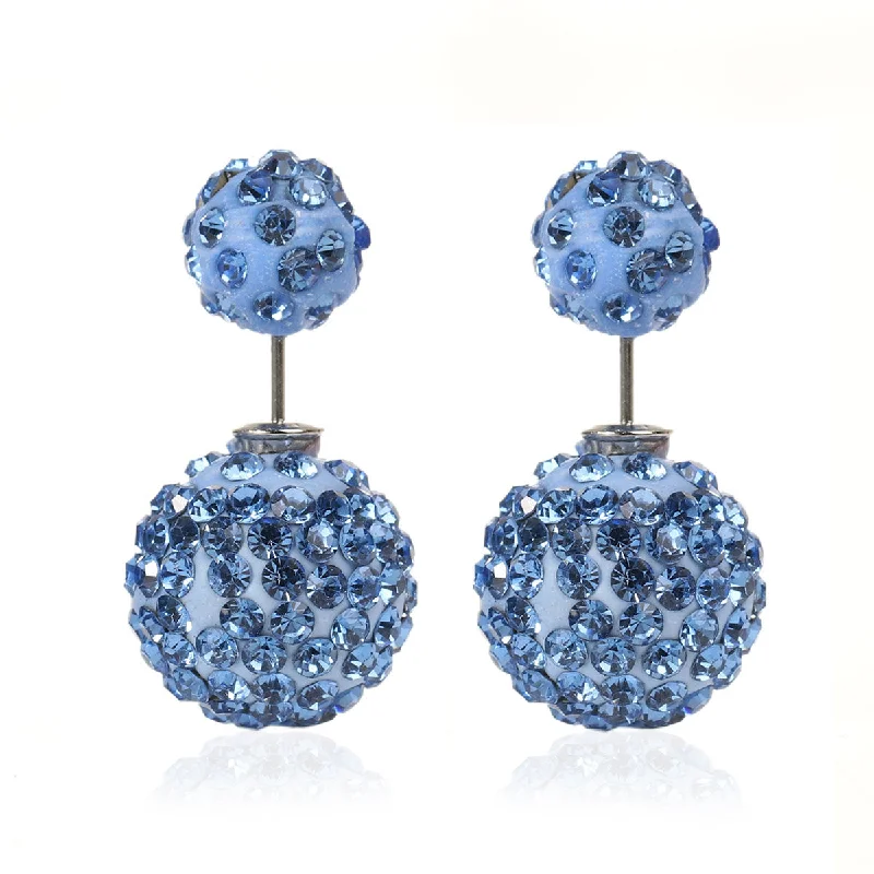 ladies antique earrings-Sexy Sparkles Clay Earrings Double Sided Ear Studs Round Pave Blue Rhinestone W/ Stoppers