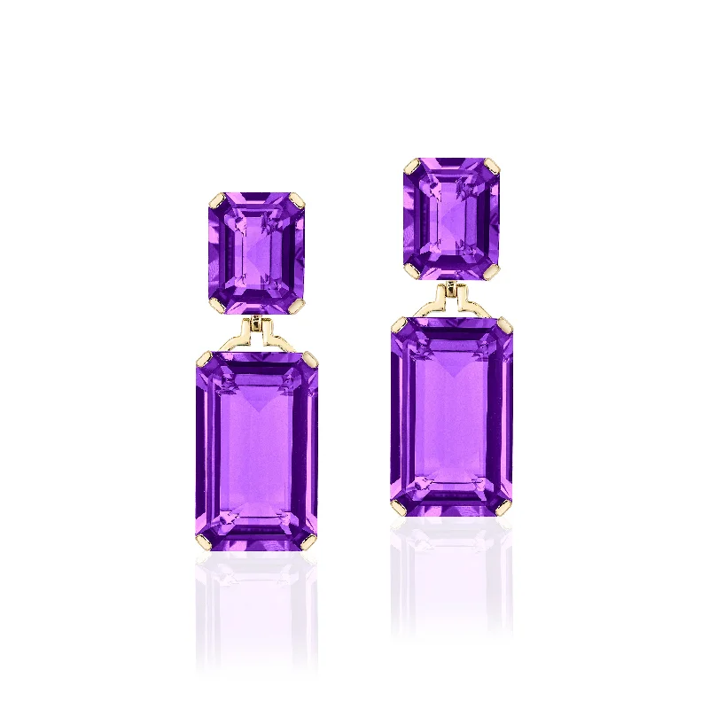 ladies designer earrings-Amethyst Double Emerald-Cut Drop Earrings