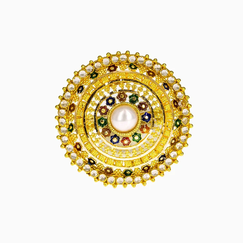 ladies minimal rings-22K Yellow Gold Shield Ring W/ Meenakari, CZ Gems & Center Pearl