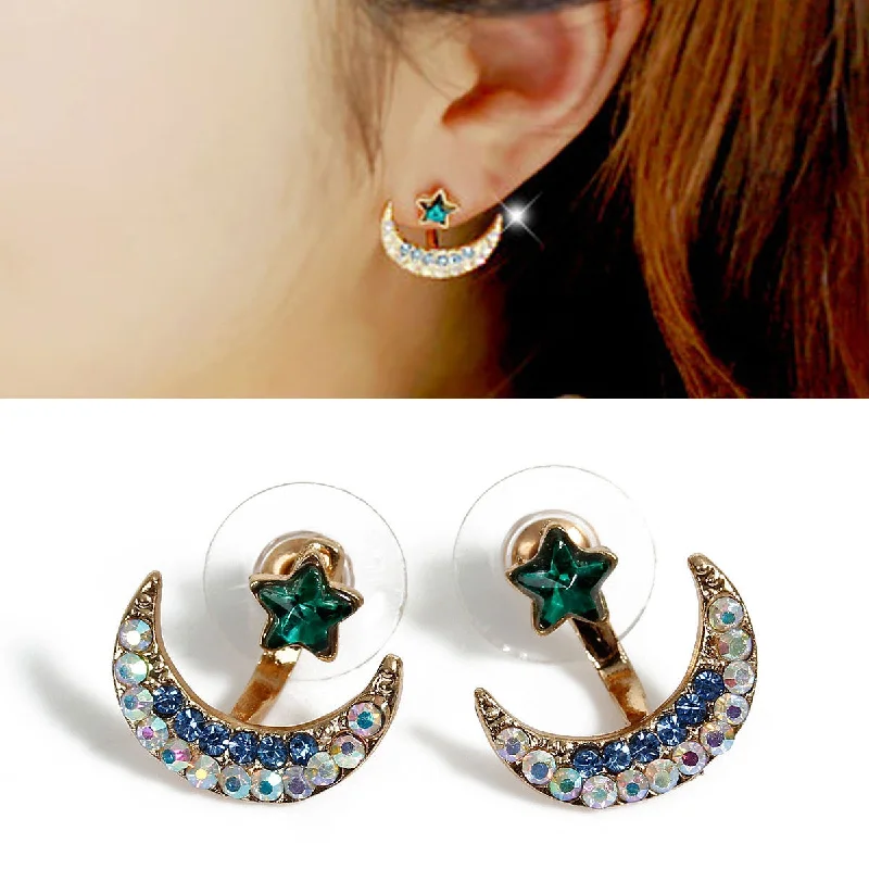 ladies fashion earrings-Sexy Sparkles Ear Jacket Stud Half Moon Gold Plated Blue AB Earrings Back Ear Cuffs Stud Earring