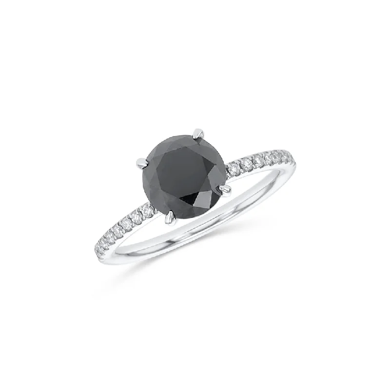 ladies moonstone rings-14K White Gold 2.22 Carat Round Black Diamond Solitaire Ring