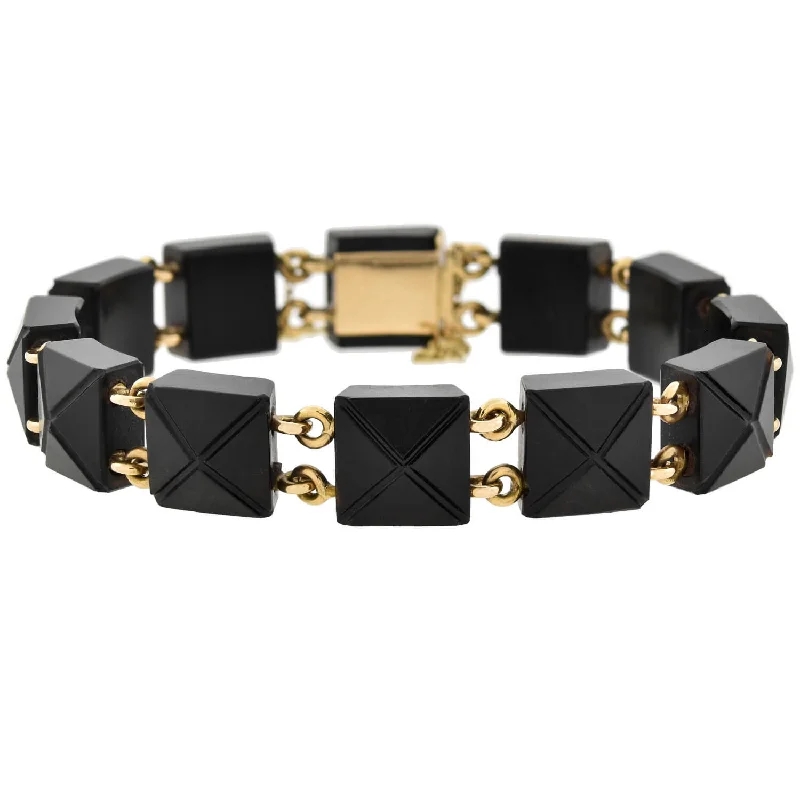 ladies luxury bracelets-Victorian 14kt Carved Onyx Pyramidal Link Bracelet