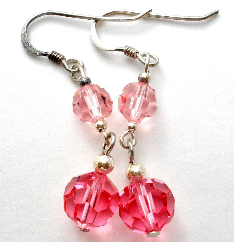 ladies pearl earrings-Pink Crystal Bead Earrings Sterling Silver