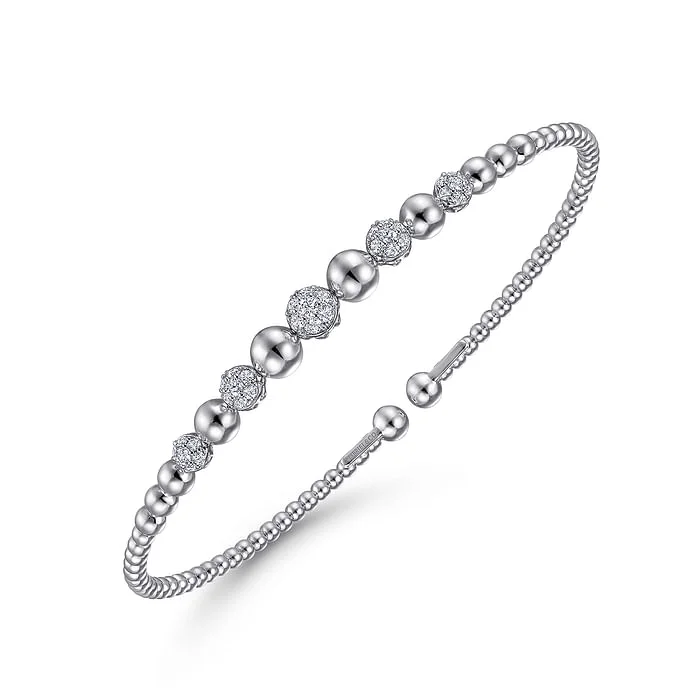 ladies diamond bangle bracelets-14K White Gold Bujukan Bead Cuff Bracelet with Pave Diamond Stations