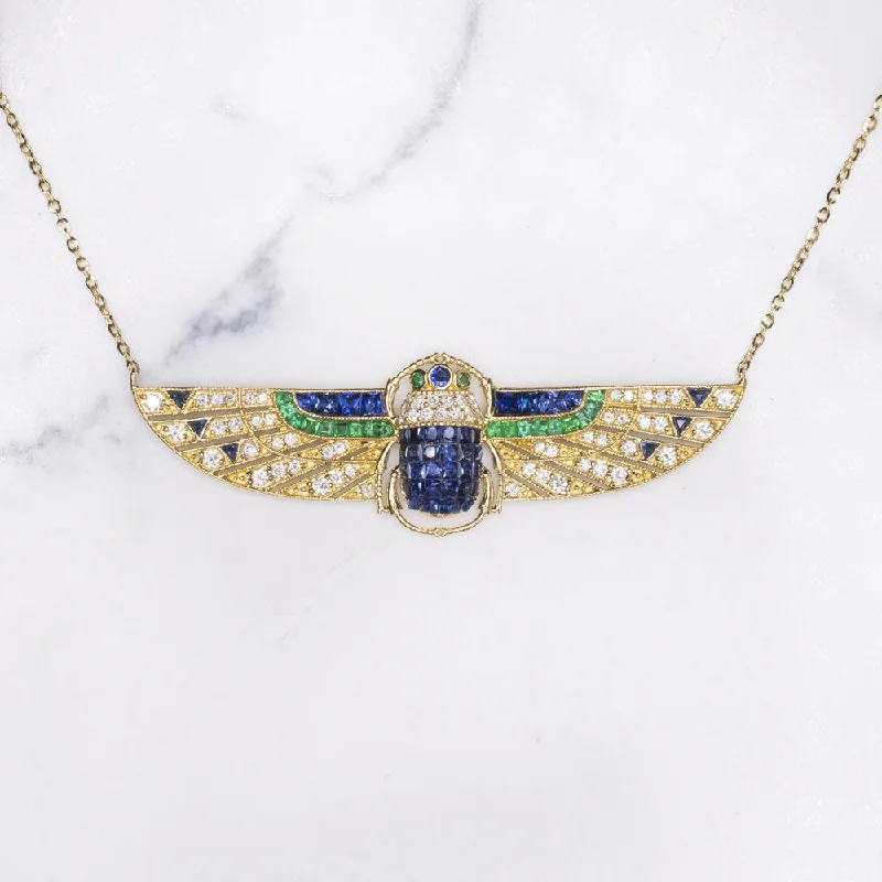 ladies choker necklaces-ART DECO STYLE SCARAB NECKLACE DIAMOND SAPPHIRE EMERALD 14k GOLD VINTAGE PENDANT