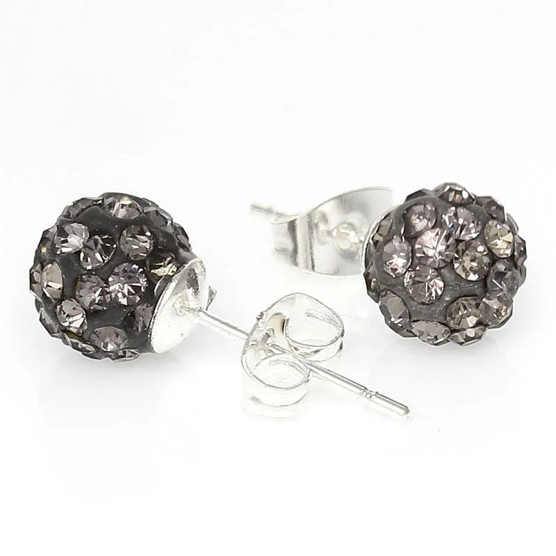 ladies opal earrings-8mm Grey Rhinestones Crystal Fireball Disco Ball Pave Bead Stud Earrings