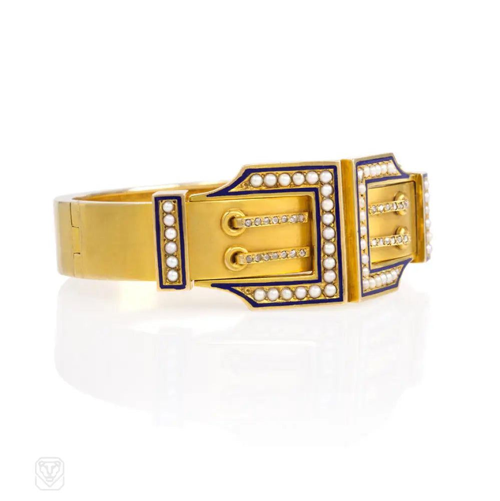 ladies pearl bracelet sets-Antique gold and enamel buckle bracelet