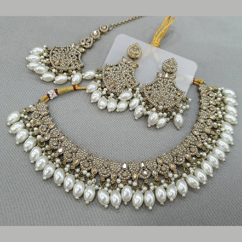 ladies diamond-studded necklaces-Rani Sati Jewels Gold Plated Crystal and Pearl Necklace Set