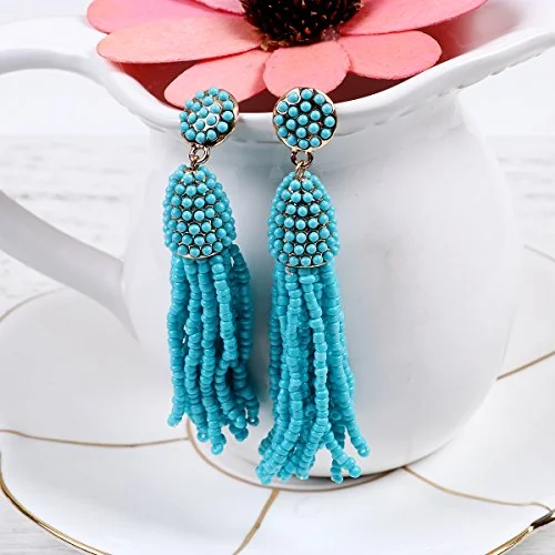 ladies long earrings-Sexy Sparkles Women's Beaded tassel earrings Long Fringe Drop Earrings Dangle