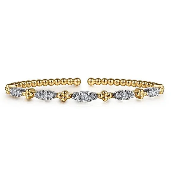 ladies silver bangles for women-14K White Yellow Gold Bujukan Beads and Diamond Station Split Bangle Bracelet