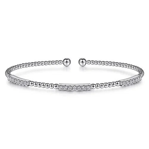 ladies engraved bracelets-14K White Gold Bujukan Bead Cuff Bracelet with Diamond Pave Stations