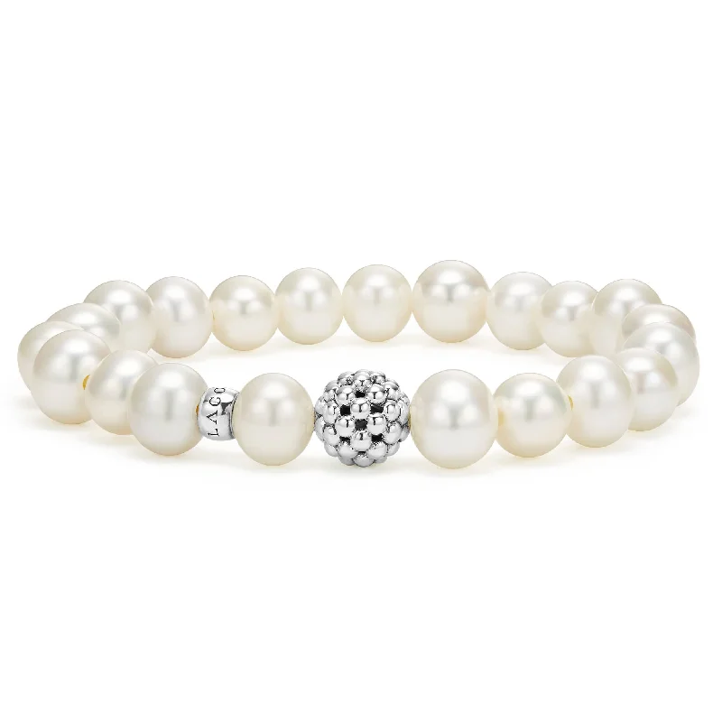 ladies adjustable gold bracelets-Maya Pearl Silver Station Bead Bracelet