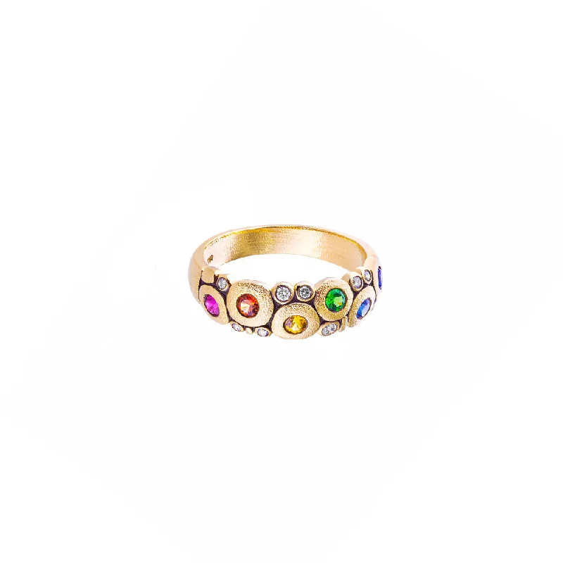 ladies classic gold rings-18 Karat Yellow Gold Rainbow Candy ring with Multi colored Sapphires, Ruby, Tsavorites and Diamonds