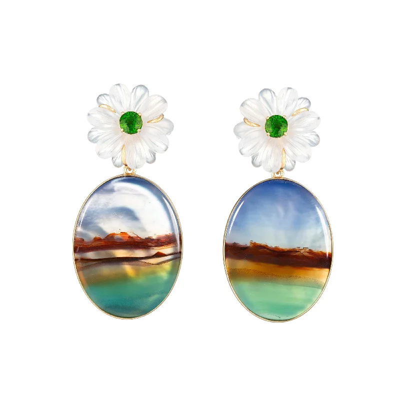 ladies gold earrings-Landscape Agate Earrings with Quartz Flower