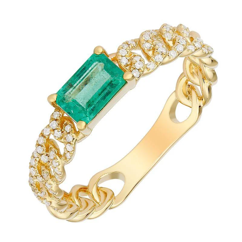 ladies wedding rings-Diamond Link Gemstone Ring Emerald