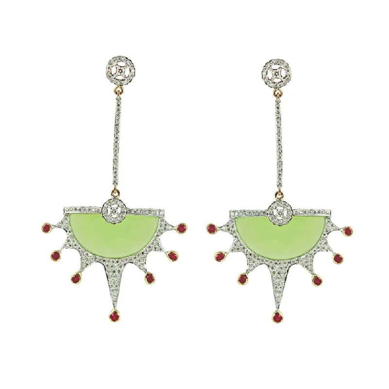 ladies romantic earrings-Green Chalcedony Diamond Earrings