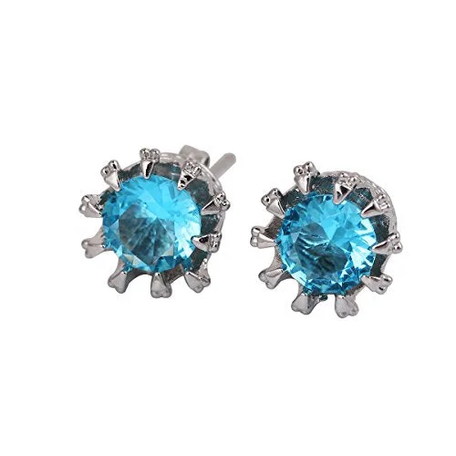 ladies diamond drop earrings-Sexy Sparkles Copper Blue Ear Stud Earrings Cubic Zirconia Inlaid Crown 9mm