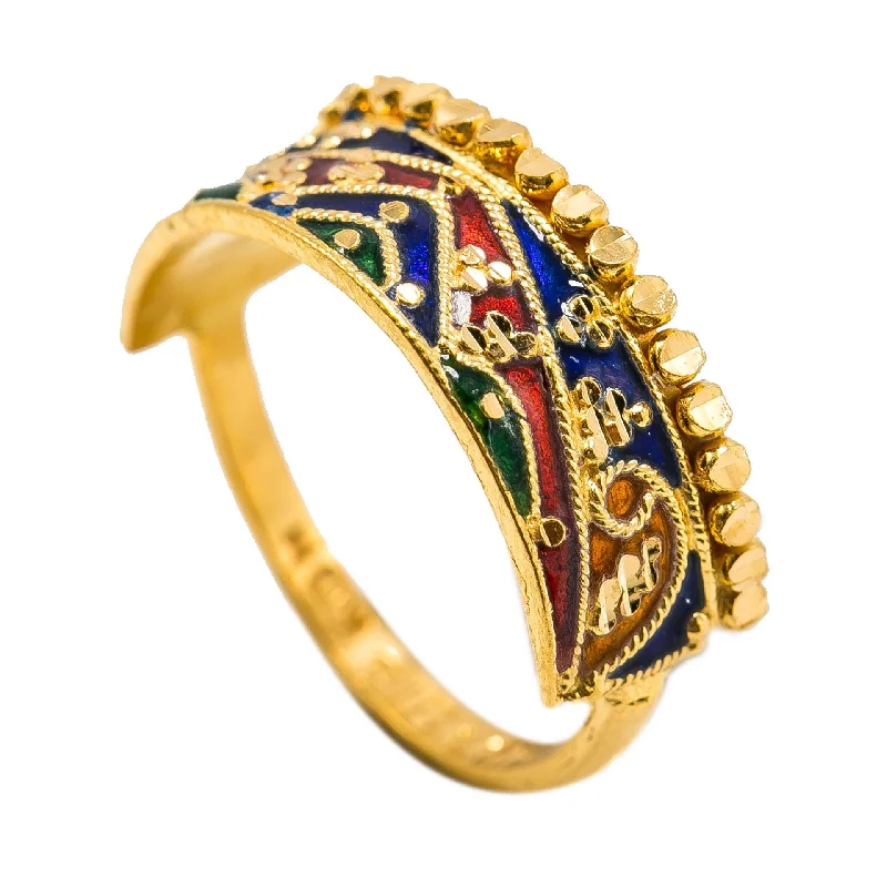 ladies stacking rings-22K Yellow Gold Enamel Ring W/ Abstract Mountain Range Design