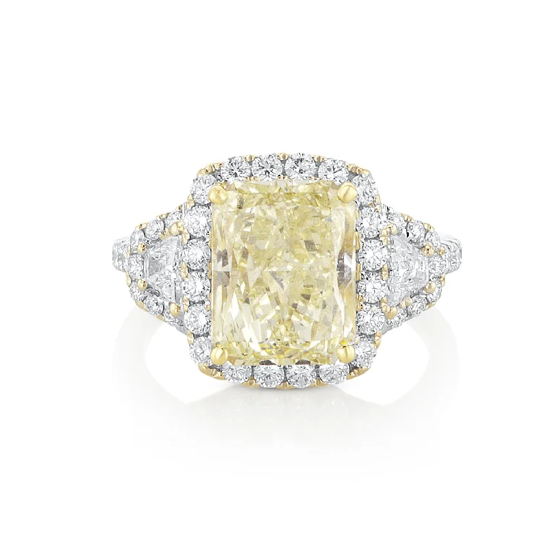 ladies thin rings-4.00 Carat Fancy Yellow Radiant Diamond and Trapezoid Ring GIA Certified set in 18K Gold