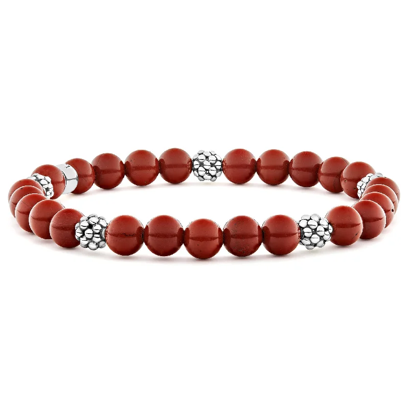 ladies gold-filled bangles-Signature Caviar Five Station Silver Red Jasper Bead Bracelet