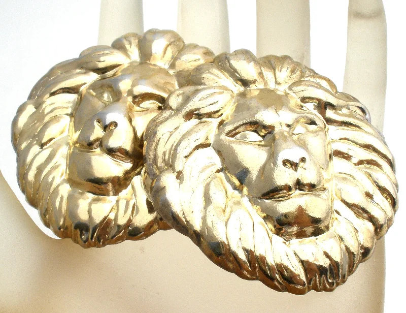 ladies minimalist hoop earrings-Large Gold Tone Pierced Lion Earrings Vintage