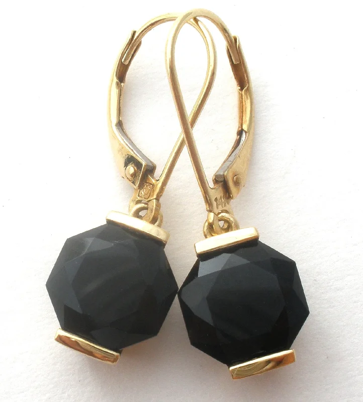 ladies sterling silver earrings-Black Onyx 14K Gold Dangle Earrings