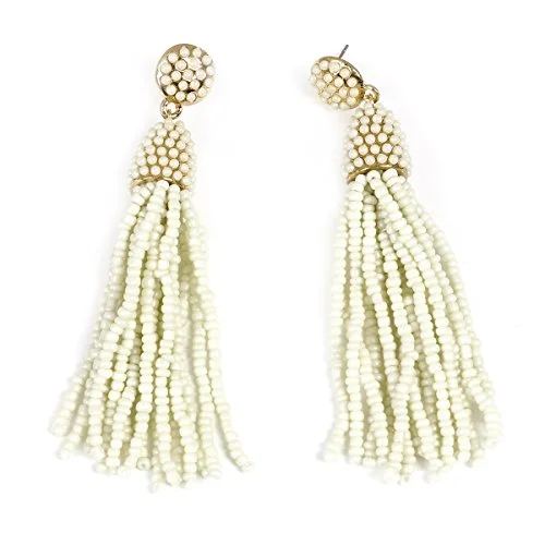 ladies drop earrings-Sexy Sparkles Women's White Beaded tassel earrings Long Fringe Drop Earrings Dangle