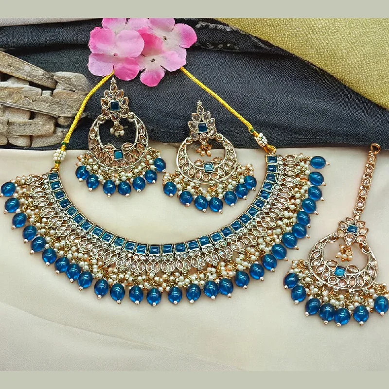 ladies initial necklaces-Gehana Mahal Gold Plated Crystal Stone Pearl And Beads Necklace Set