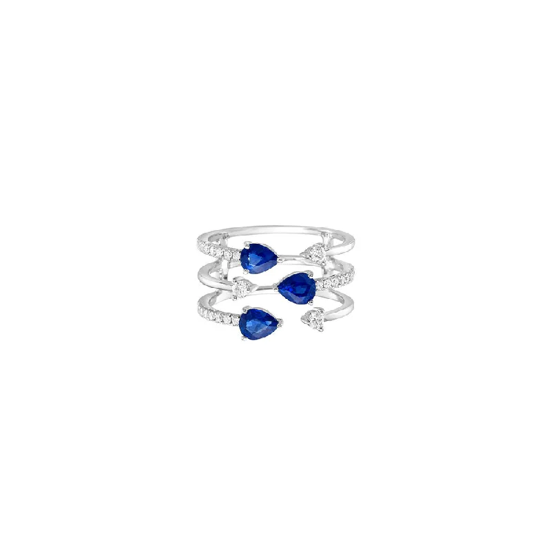 ladies chic rings-18 Karat White Gold Open Triple Stack Ring with Sapphires and Diamonds