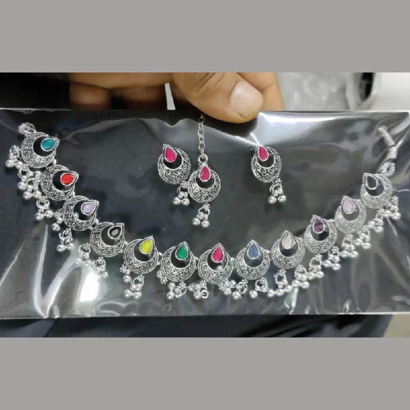 ladies short necklaces-Kavita Art Oxidised Plated Crystal Stone Necklace Set