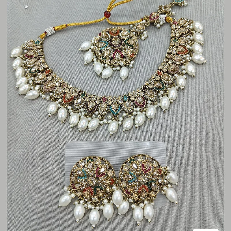 ladies nature-themed necklaces-Rani Sati Jewels Gold Plated Crystal and Pearl Necklace Set