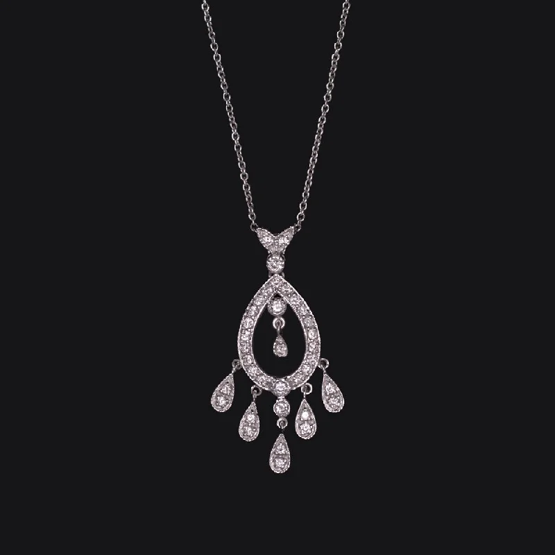 ladies diamond necklaces-DIAMOND CHANDELIER NECKLACE 14k WHITE GOLD DROP DANGLE NATURAL TEARDROP SHAPE