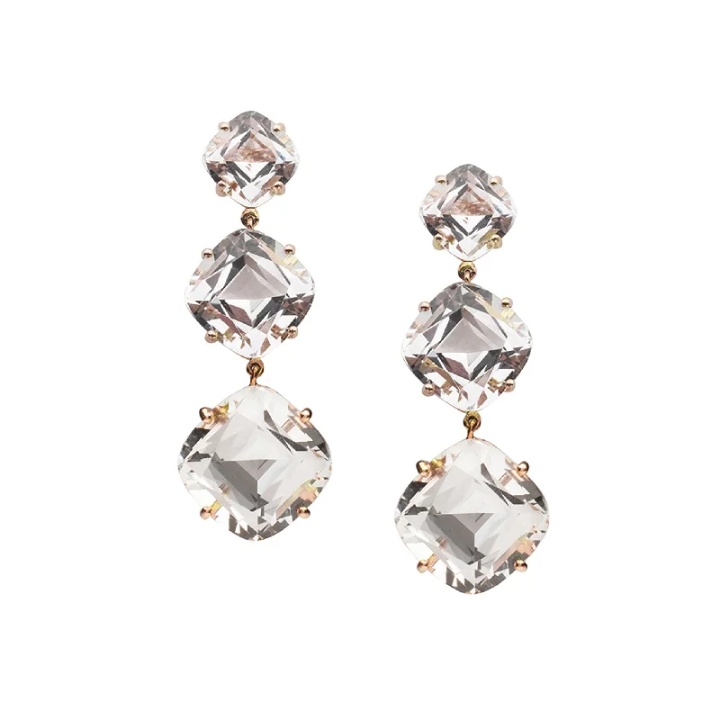 ladies ear cuff earrings-Rock Crystal 3-Tier Cushion Earrings