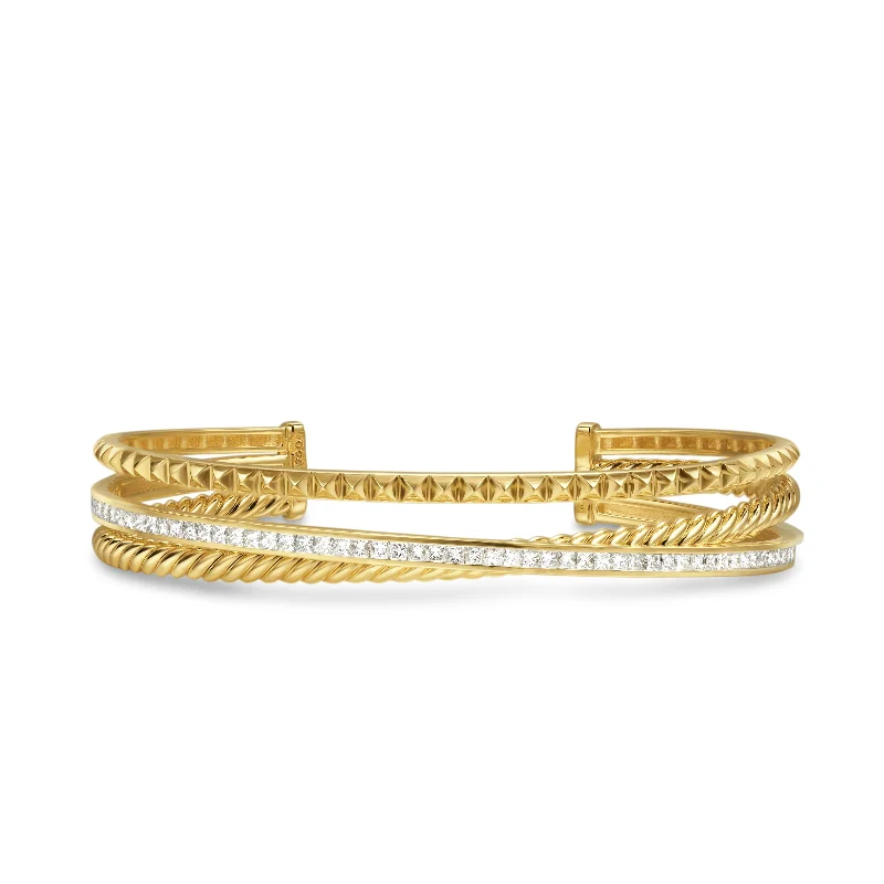 ladies adjustable bracelets-Crossover Trio Three Row Cuff Bracelet in 18K Yellow Gold with Diamonds\, 11mm