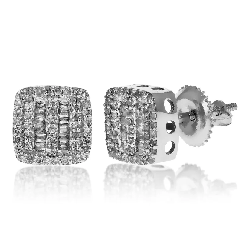 ladies classic stud earrings-Square Shaped Earrings With Baguette & Round Diamonds | 14K Gold