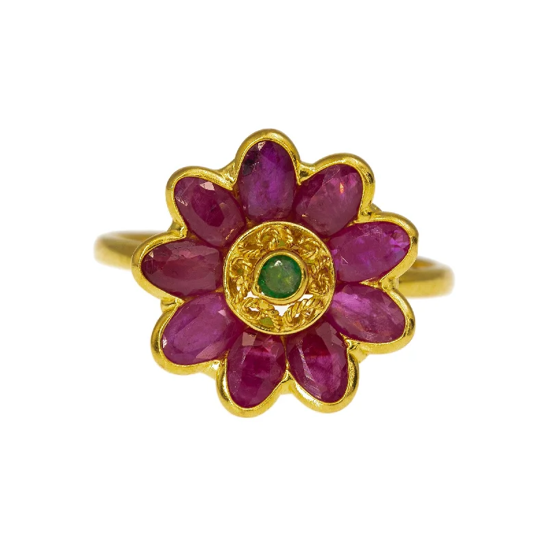 ladies modern engagement rings-22K Yellow Gold Flower Ring W/ Rubies & Emeralds, 4 Grams