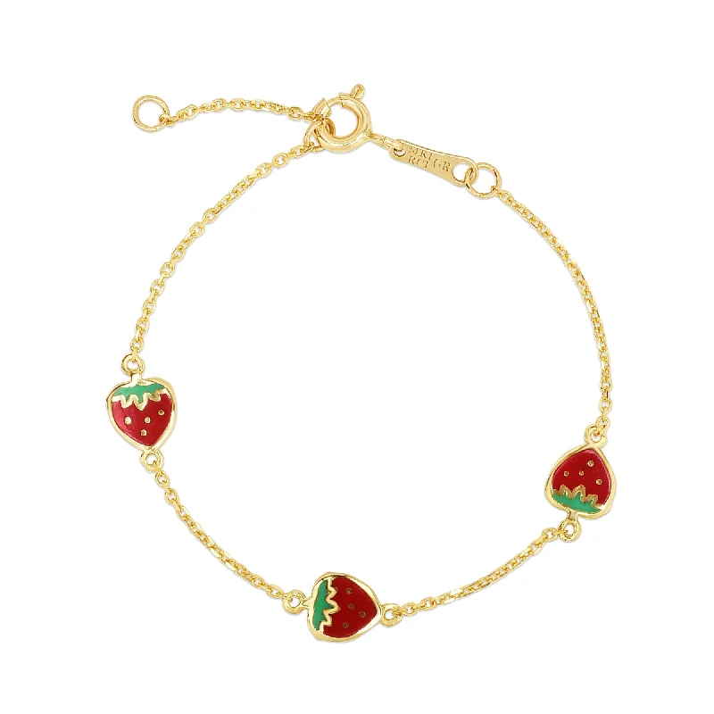 ladies fashionable bracelets-Kids 14K Gold Enamel Strawberry Bracelet