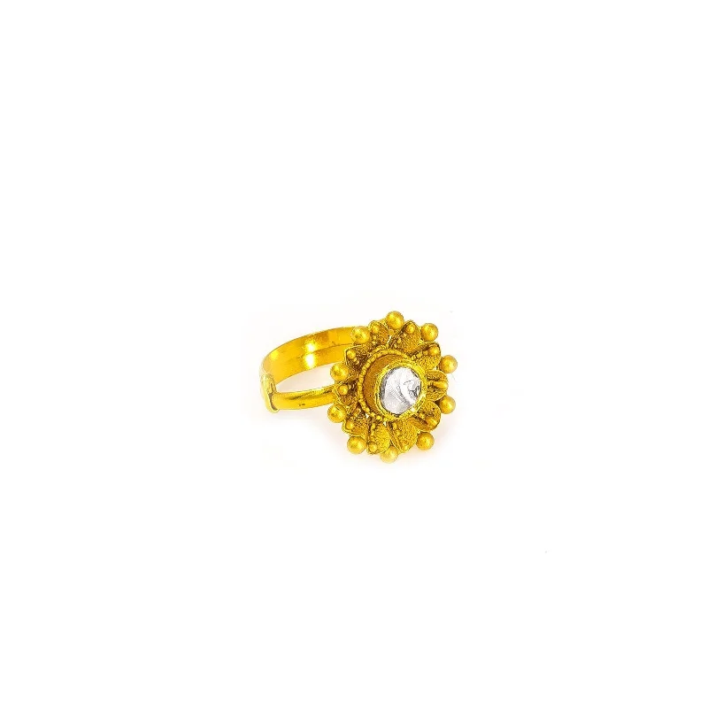 ladies simple rings-22K Yellow Gold Flower Ring W/ Ornate Petal Kundan Design