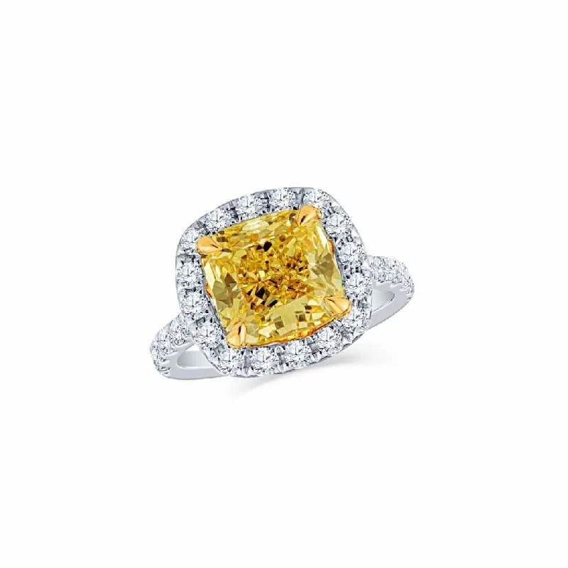 ladies infinity rings-3.00 Carat GIA Certified Fancy Yellow Cushion and Round Diamond Halo Ring set in 14K Gold