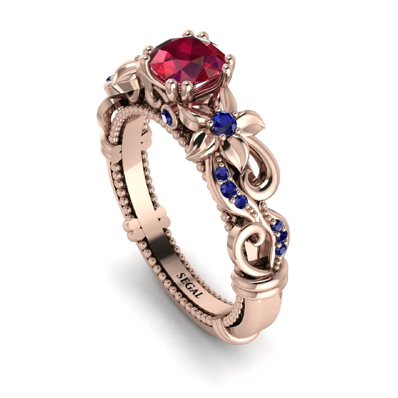 stackable engagement rings for ladies-Vintage Flower Openwork Gold Ruby Engagement Ring - Ann No. 71