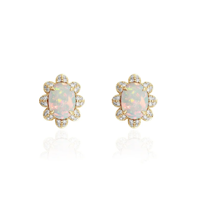 ladies elegant earrings-Opal Cabochon Stud Earrings with Diamonds