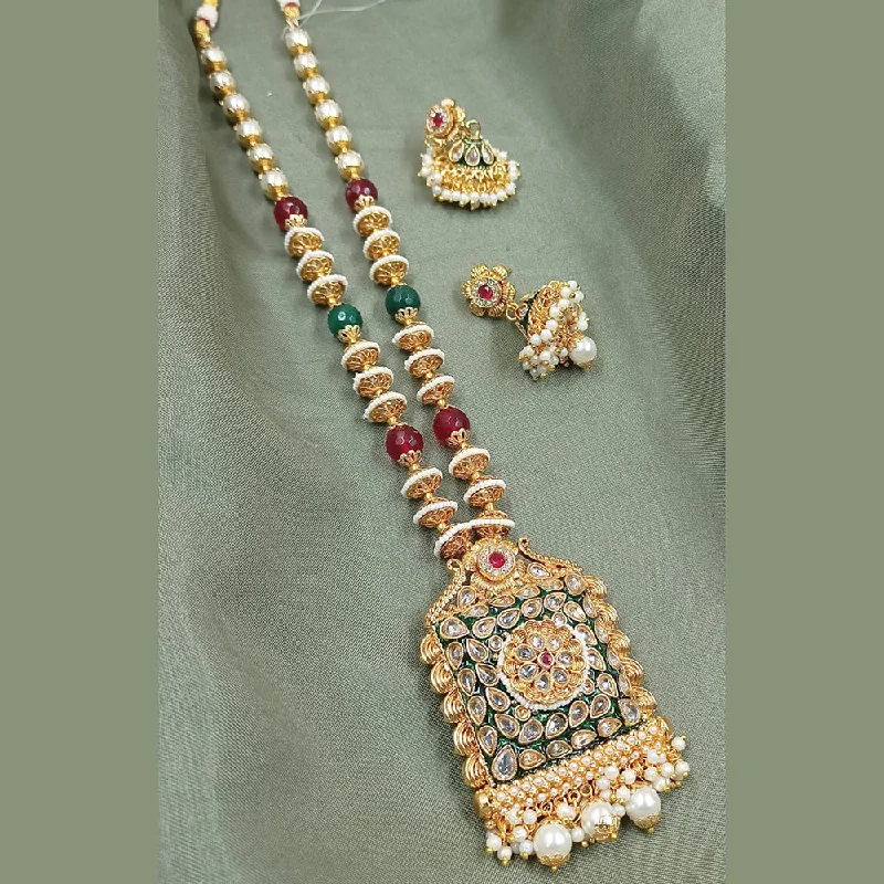 ladies vintage-inspired necklaces-Padmawati Bangles Gold Plated Crystal Stone And Pearls Long Necklace Set