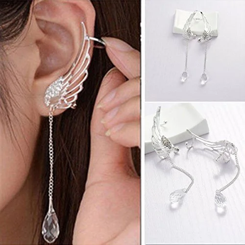 ladies ear cuff earrings-Sexy Sparkles Angel Wing Ear Cuff Clip On Stud Wrap Earrings Tassel With Clear Rhinestones