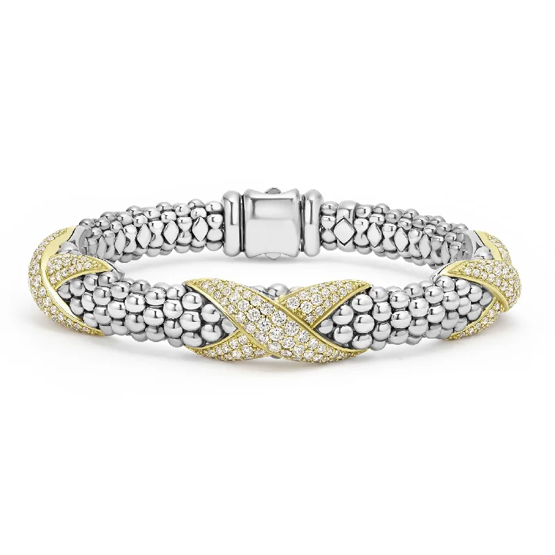 ladies gemstone bracelets-Embrace Three Station Diamond X Caviar Bracelet | 9mm