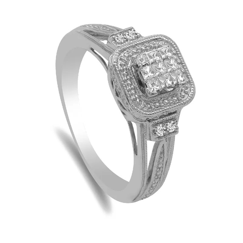 ladies anniversary rings-0.2CT Diamond Ring W/Princess Cut Cluster set in 14K White Gold