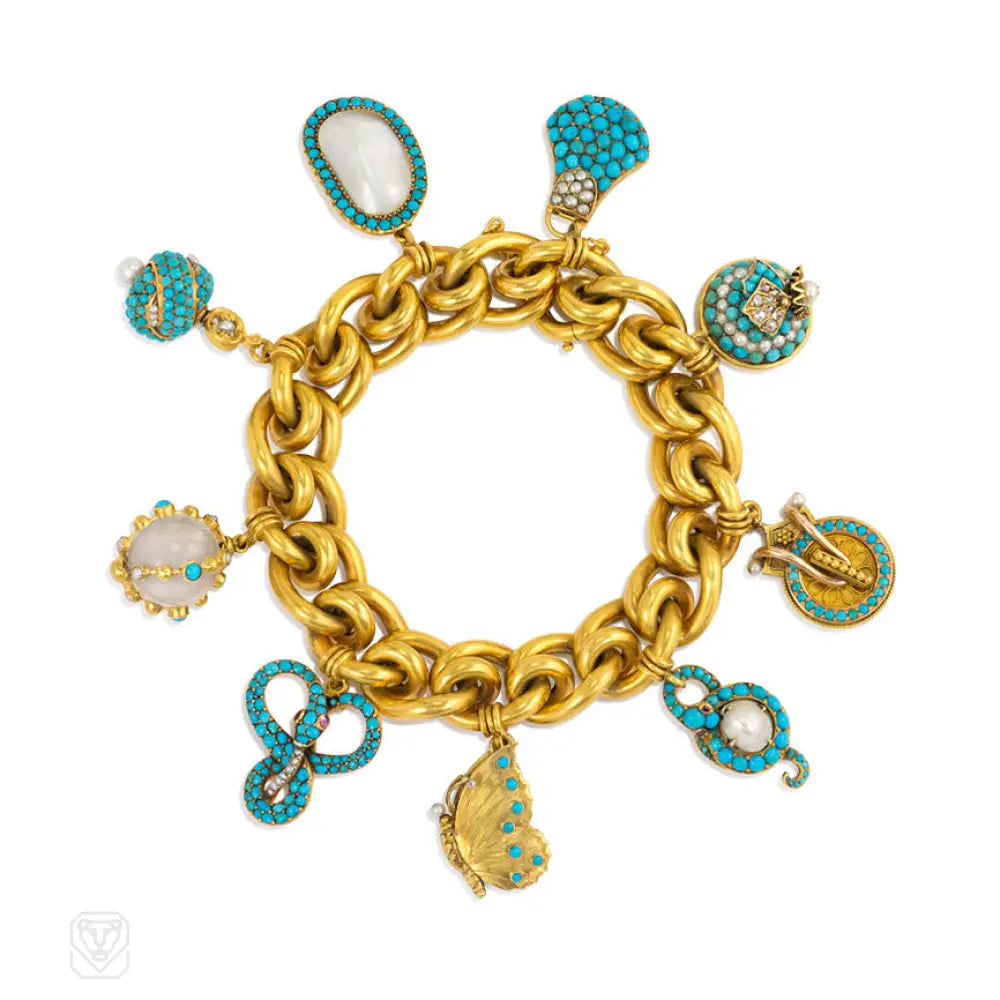 ladies chunky bangles-Antique gold bracelet with turquoise and pearl-set charms