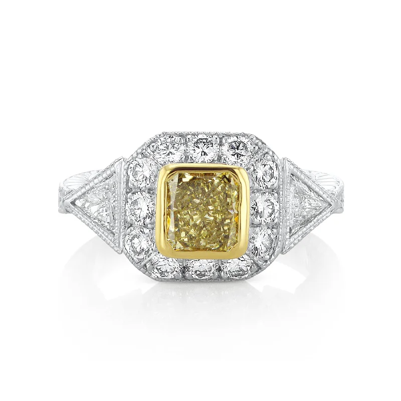 ladies emerald rings-Fancy Yellow Radiant Three Stone Halo Ring