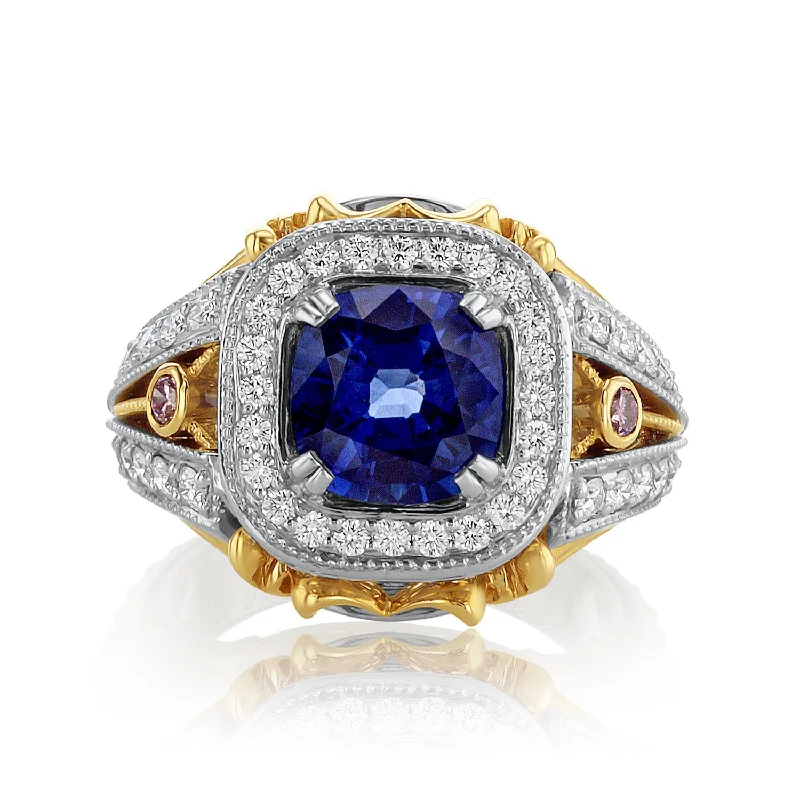 ladies rose quartz rings-3.65 Carat Heated Blue Sapphire and Diamond Halo Fashion Ring